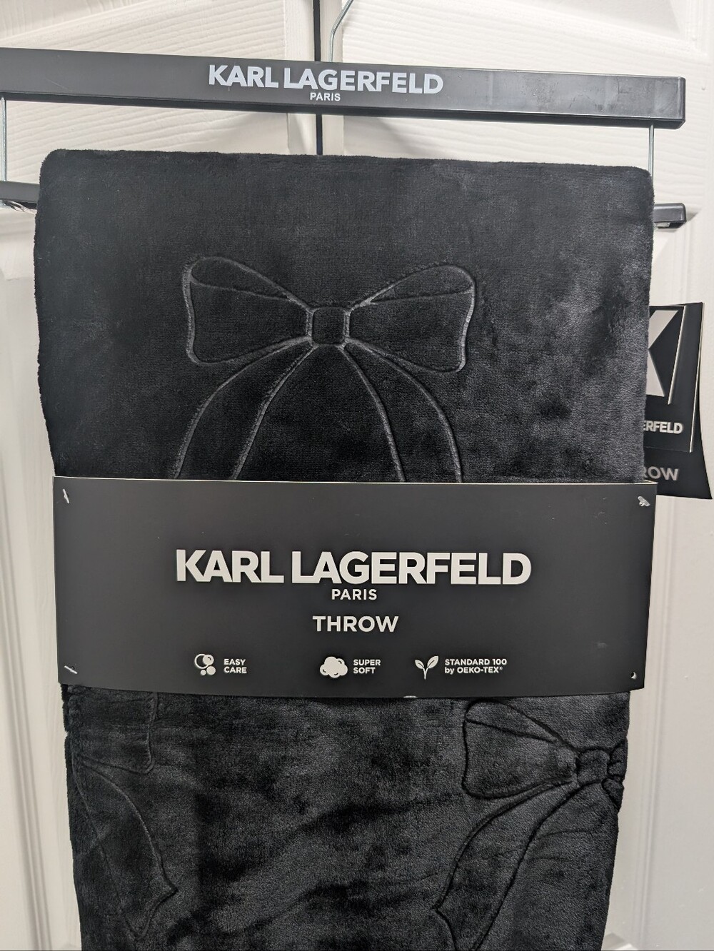 Karl Lagerfeld Black Plush Embossed Bow Accent Throw